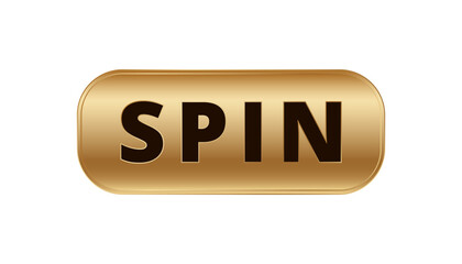 A rectangular gold button with black text reading spin. used for online games and interactive media.