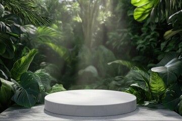 Empty white pedestal in lush jungle setting
