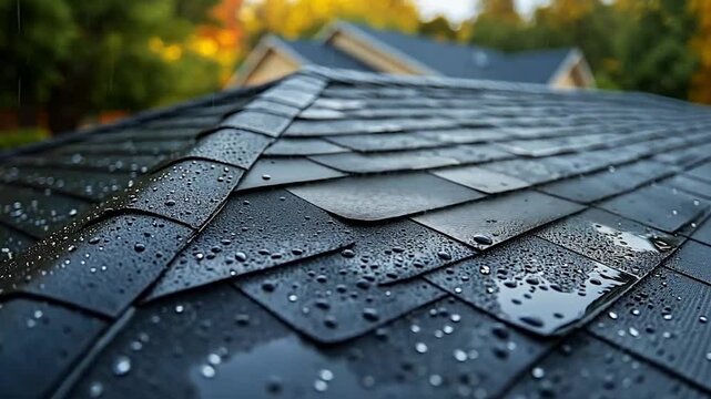 Wet rooftop tiles in rain, close-up view of house in background. Possible use Stock photo for home, insurance, or construction companies