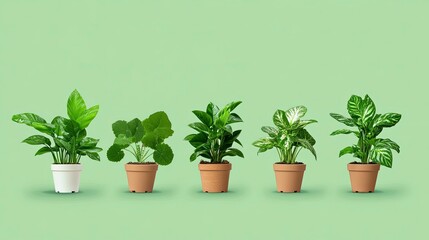 Obraz premium Five potted houseplants with vibrant green foliage arranged in a row against a pastel green background.