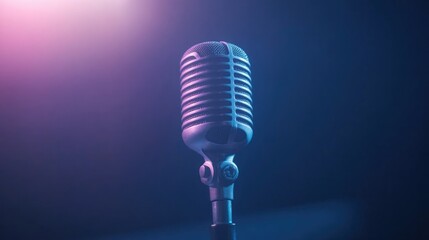 close-up of vintage microphone on stage lit in neon hues