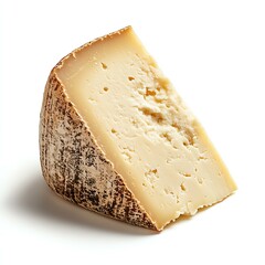 Delicious wedge of artisanal cheese on white.