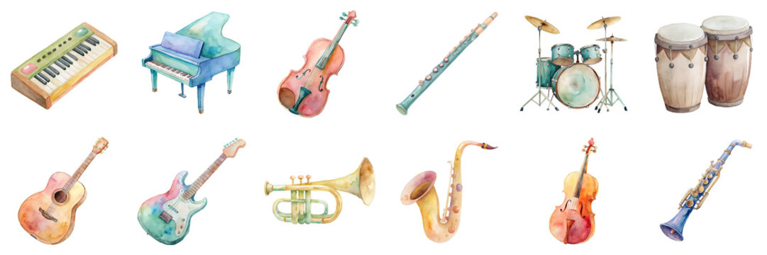 Collection of musical instruments in watercolor illustration set. Features pianos, guitars, violins, saxophone, trumpet, drums and woodwinds with vibrant colors isolated on transparent background.