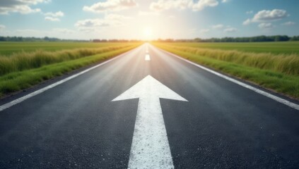 An asphalt road stretches into the distance with a painted white arrow pointing forward, symbolizing motivation, progress, and the concept of continuous growth and forward movement