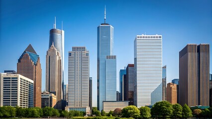 City Skyline: A stunning city skyline featuring an array of towering skyscrapers, architectural marvels, and glass facades under a bright blue sky, depicting urban vibrancy.