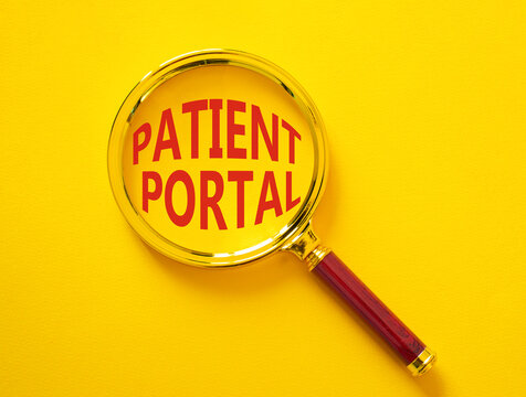 Patient Portal symbol. Magnifying glass with words Patient Portal. Beautiful yellow background. Medicine and Patient Portal concept. Copy space.