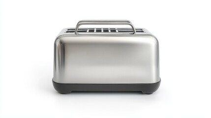 A modern electric toaster with a polished stainless steel finish, placed on a white isolated background