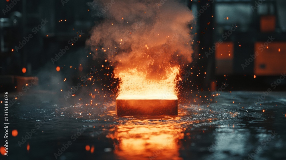 Poster submerging red hot metal billets in water creates swirling steam in dynamic workshop environment
