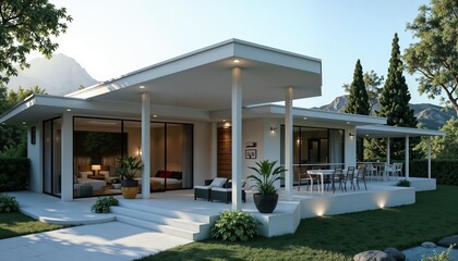 Fototapeta premium Modern house exterior with a spacious patio and beautiful landscaping in a serene environment