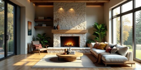 Bright living room, stone fireplace, large windows, clean, windows, fireplace surround