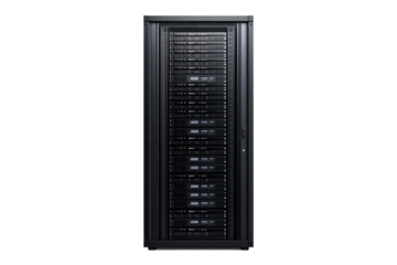 Server rack showcasing organized data storage isolated on transparent background