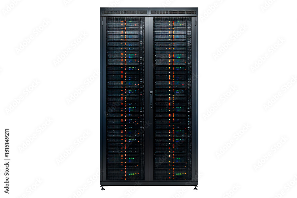 Poster large server with many hard drives isolated on transparent background