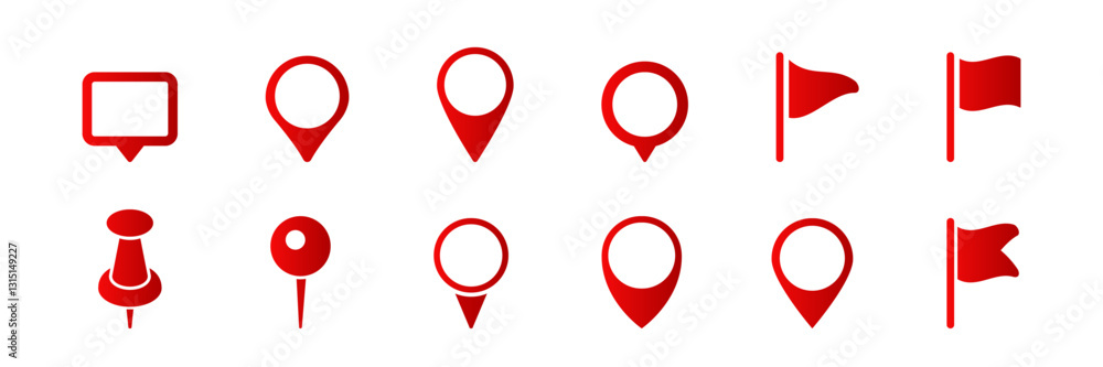 Poster a collection of red location icons featuring various pin and flag designs for digital map navigation