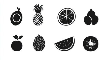 Collection of fruit icons, various fruit slices and whole fruits, simple design
