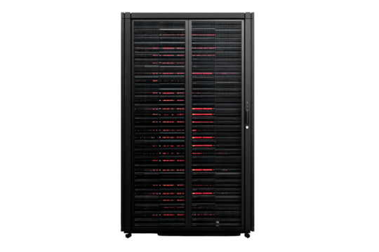 Server rack showcasing organized data storage isolated on transparent background