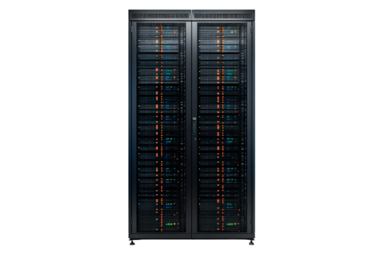 Large server with many hard drives isolated on transparent background