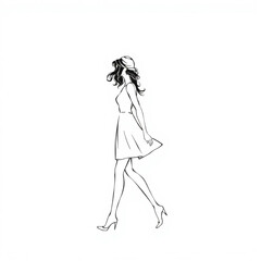 A single black line drawing cartoon profile of a walking woman with a hat and dark hair _1.eps