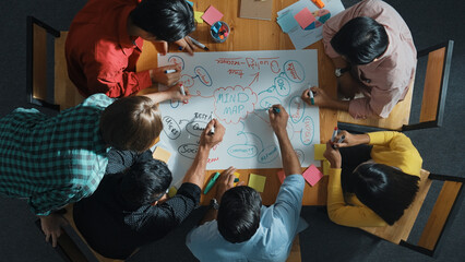 Top down view of business team working together by using mind map brainstorming idea and sharing...