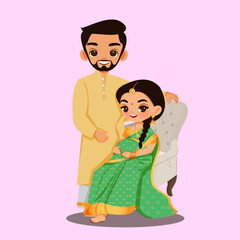 Indian Husband and Pregnant Wife Vector Illustration | Traditional Saree Attire