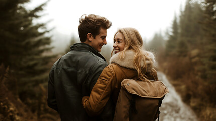 Fototapeta premium Couple smiles while walking through foggy forest in autumn