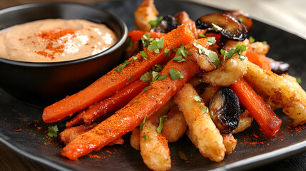 Fototapeta premium Crispy tempura fried carrots, bell peppers, and mushrooms, served with a rich tahini dipping sauce and garnished with paprika powder.