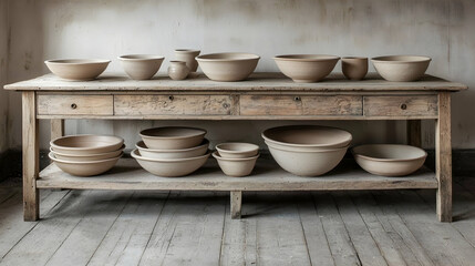 Rustic Pottery Bowls on Wooden Table, Studio Setting, Craft Display