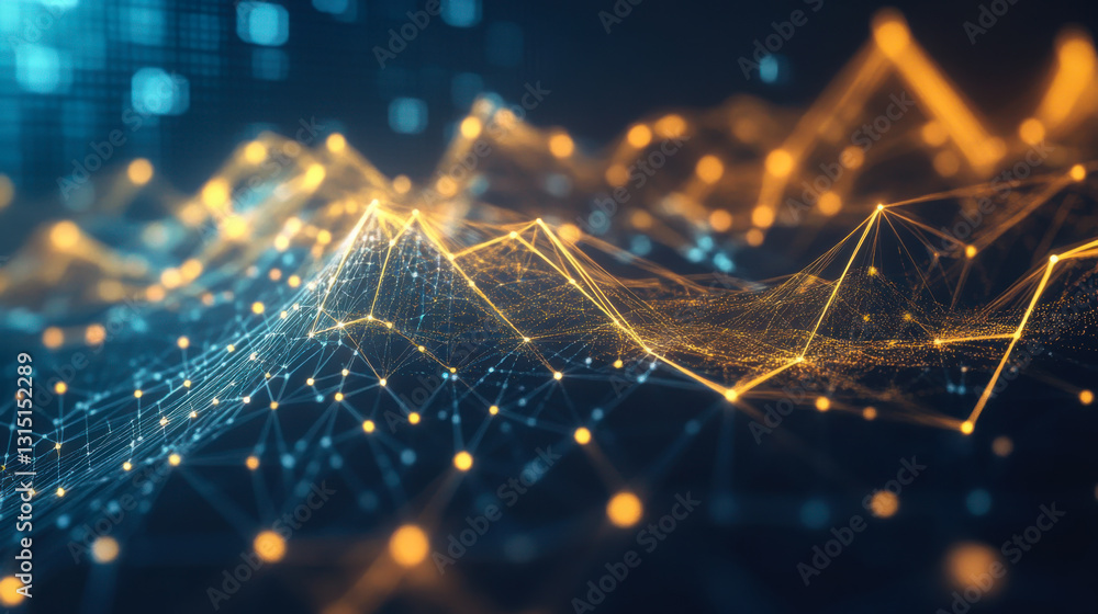 Poster visual representation of data trends with golden waves and glowing particles in a digital landscape