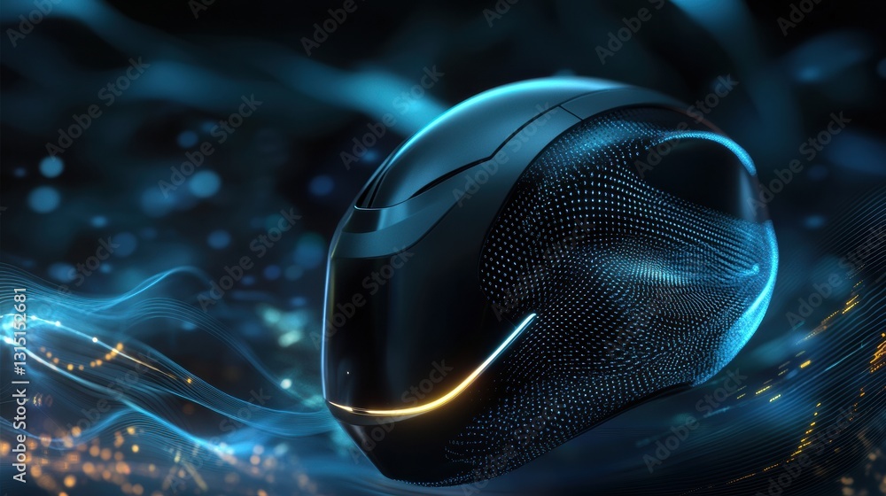 Poster smart neurostimulation helmet for hair growth emitting gentle light, surrounded by animated wave sig