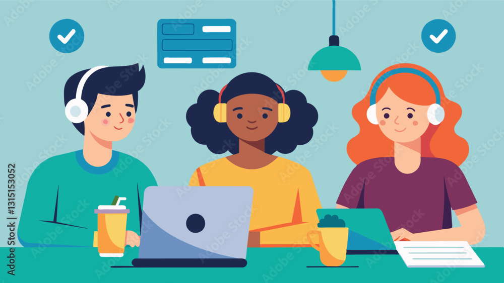 Poster with headphones in their ears a group of teens work on a coding project while listening to their fav