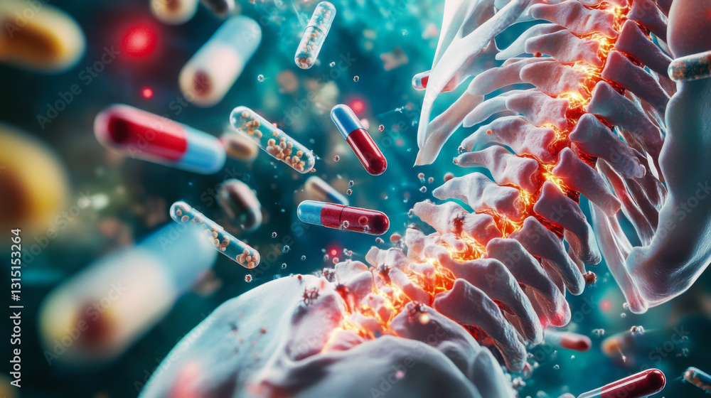 Aufkleber detailed view of microorganisms interacting with spinal structures in a vibrant abstract environment