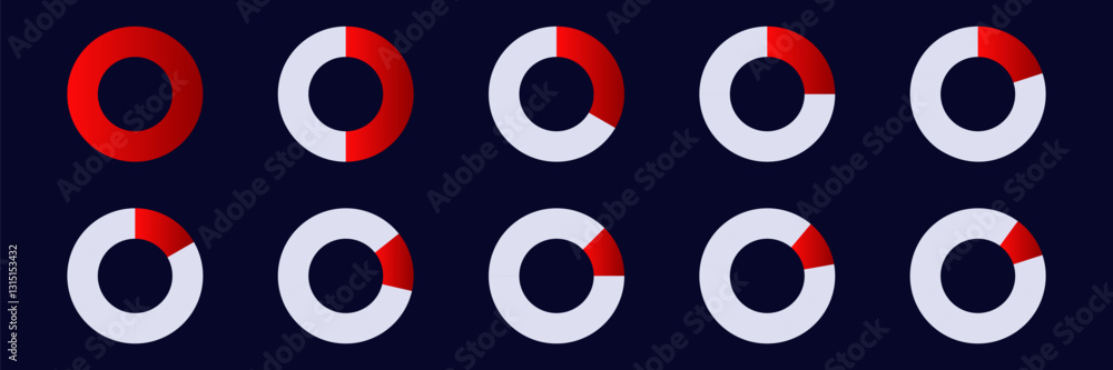 Poster series of pie charts showcasing different proportions using red and gray segments, indicating data v