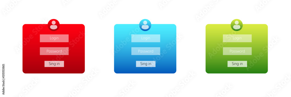 Aufkleber three vibrant login buttons with fields for username and password in red, blue, and green.