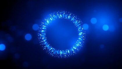 Obraz premium Glowing Blue Ring with Bokeh Spheres on a Dark Background for Templates