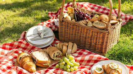 A picnic setup on a red and white checkered blanket with a wicker basket filled with bread, grapes, and other snacks. Plates with sandwiches, croissants, and grapes are laid out on the blanket.