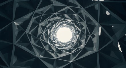 Abstract polygonal tunnel with geometric shapes and bright end point