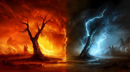 Fiery hell and stormy heaven split by a dead tree; apocalyptic landscape; conceptual art for fantasy, religion, or climate change