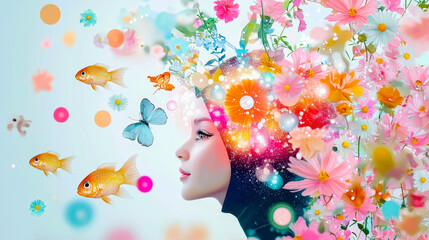 Colorful depiction of a woman surrounded by flowers and butterflies in a dreamy landscape
