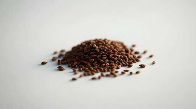A pile of cumin seeds in a small mound on a textured dark surface, the small brown seeds clearly visible.