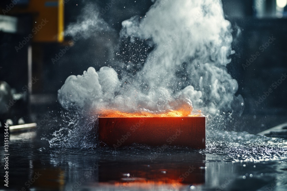 Poster red hot metal billets submerged in water create clouds of steam in a bustling workshop during temper