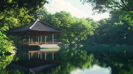 Obraz premium Traditional Japanese Pavilion Surrounded by Calm Water