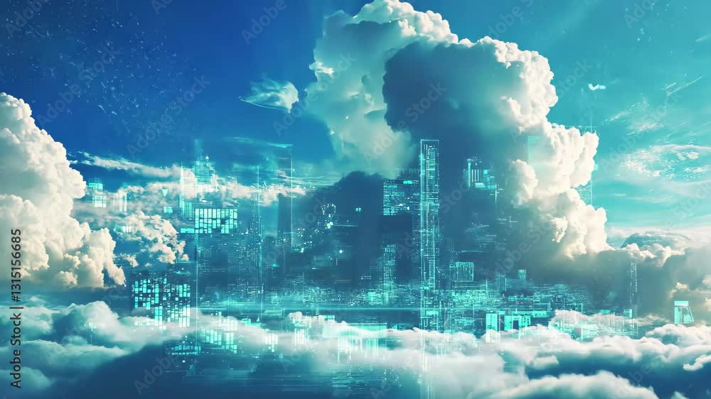 Aufkleber digital clouds over data processing systems enhancing information flow in modern technology, digital
