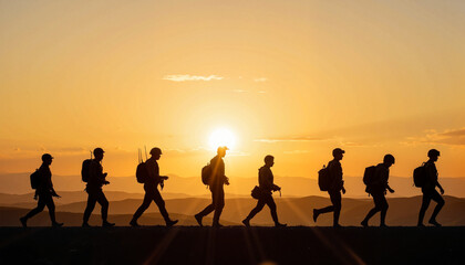 Fototapeta premium Soldiers marching at sunrise in silhouette, unity and courage