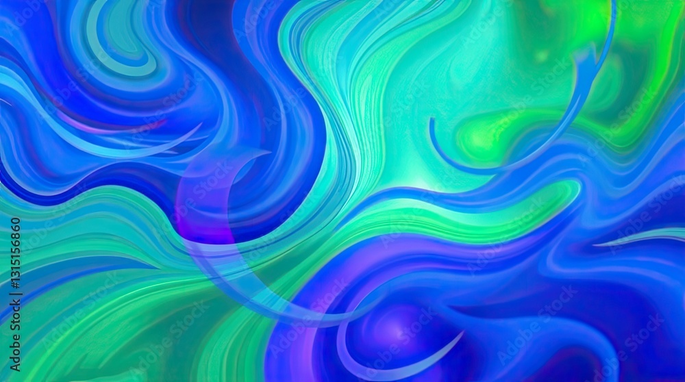 Poster flowing lines of soft colors blend together to create an abstract background featuring hues of blue 