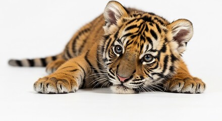 Obraz premium Adorable tiger cub rests peacefully soft light bathes its fur. AI Generated