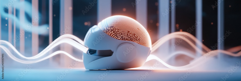 Poster smart neurostimulation hair growth helmet with gentle light and abstract wave signals in a futuristi