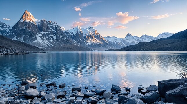 Dawn Reflections: Snow-Capped Peaks and Calm Lake