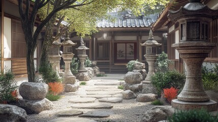 Fototapeta premium Traditional Japanese Temple Courtyard with Stone Lanterns