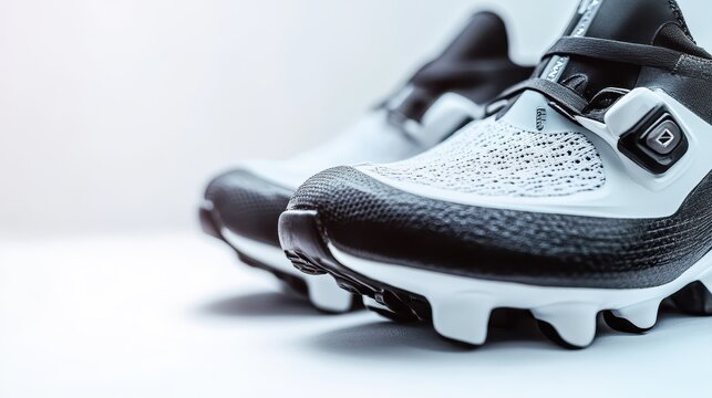 A close-up of a pair of cycling shoes with SPD cleats on a white isolated background