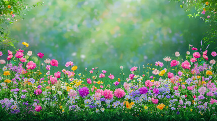 Fototapeta premium Colorful flower garden blooming in spring sunlight, showcasing vibrant petals and lush greenery
