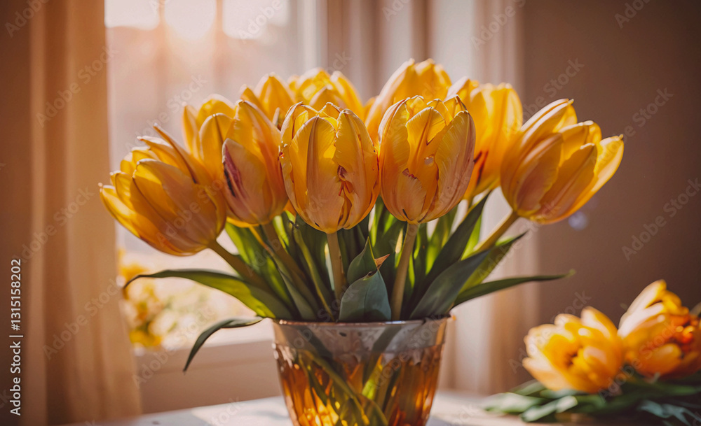 Poster Vase of yellow tulips sits on a table. The flowers are in full bloom and are arranged in a way that makes them look like they are reaching towards the sun. The vase is placed near a window